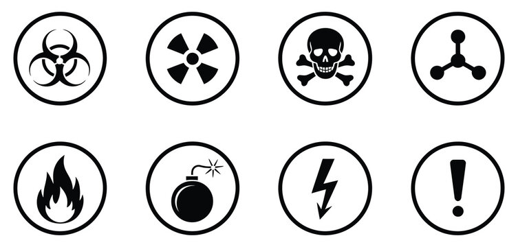 Biohazard, Radiation, Skull and Crossbones Hazard Icons Set, Chemical Danger Symbols Collection with High Voltage, Explosive, Flammable and Warning Signs for Safety Vector Design