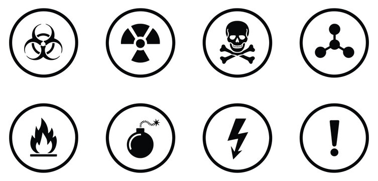 Biohazard, Radiation, Skull and Crossbones Hazard Icons Set, Chemical Danger Symbols Collection with High Voltage, Explosive, Flammable and Warning Signs for Safety Vector Design