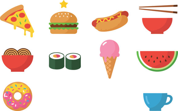 Colorful Food and Drink Icon Set with Pizza Burger Sushi Ice Cream Donut Coffee and Watermelon