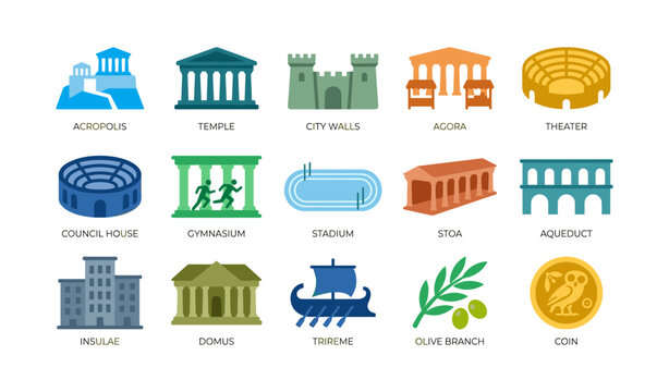 Ancient architecture icons showing classical buildings and artifacts