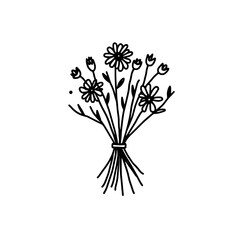 Wildflower bunch icon logo design. Tied wildflower bouquet hand drawn sign and symbol. Floral bunch doodle icon. Minimalist botanical line art for wedding and decor. © Salma