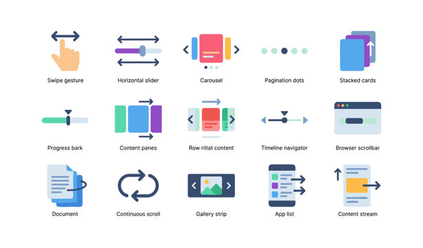 Navigation and scrolling icons array on white background
