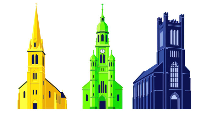 Colorful Churches Row - Yellow, Green, Blue Gothic and Neo-Gothic Architecture