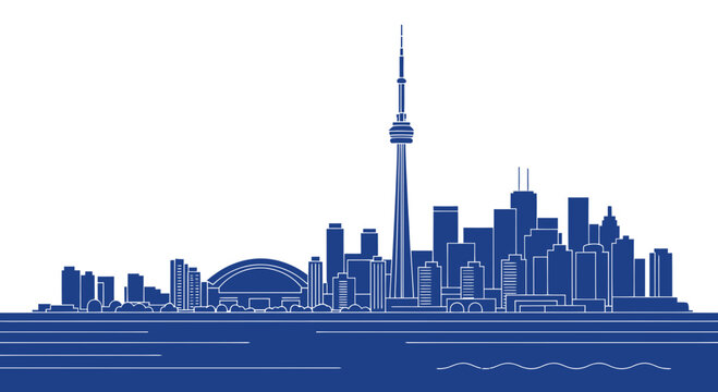 Toronto Skyline Silhouette with CN Tower and Rogers Centre, Blue Line Art