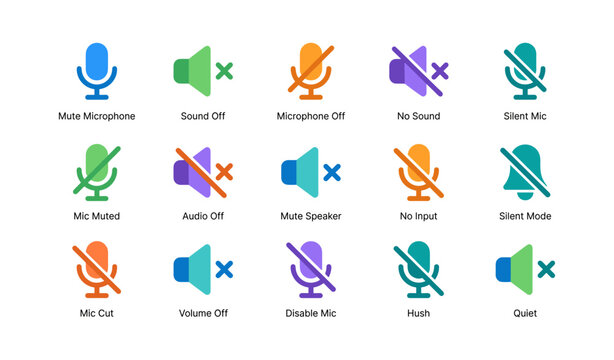 Microphone and audio mute icons displayed in grid on white background