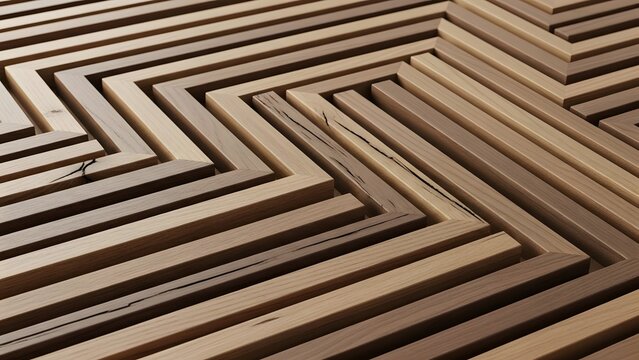 Wood slats arranged in a geometric zig-zag pattern create a textured surface with natural light and shadow.