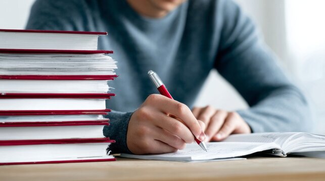 Student focusing on learning and studying, taking notes in a notebook with a pen next to a pile of academic books