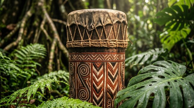 Papuan Tifa Drum Decorated with Traditional Tribal Patterns on Jungle Floor