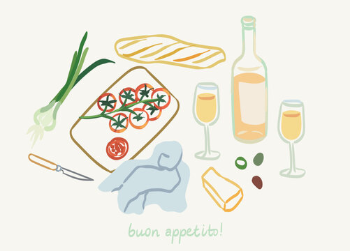 Wax crayon drawn doodle sketch Italian brunch menu cover. Hand drawn food colored illustration for poster, placard template. Doodle sketch mediterranean breakfast, picnic or dinner illustration.