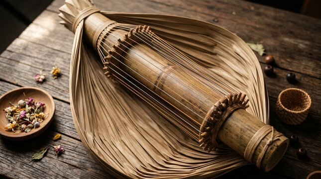 Closeup of Sasando Harp Strings with Lontar Palm Resonator on Wooden Table