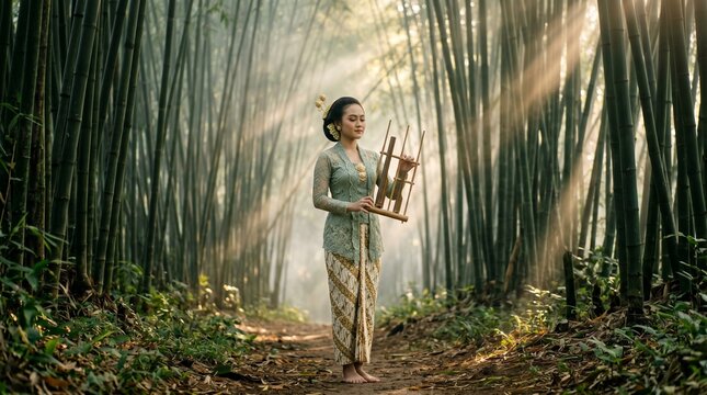 Young Sundanese Woman Playing Angklung in Bamboo Forest Morning Mist