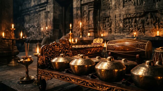 Javanese Gamelan Instruments Glowing in Ancient Temple Candlelight