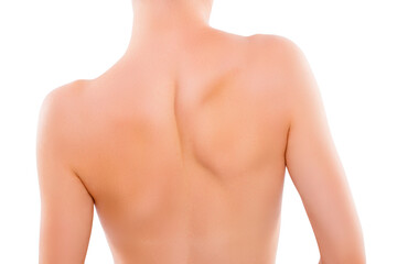 Naklejka premium Cropped close up photo of perfect woman's nude shoulder blades and spine while warming up, isolated on white background