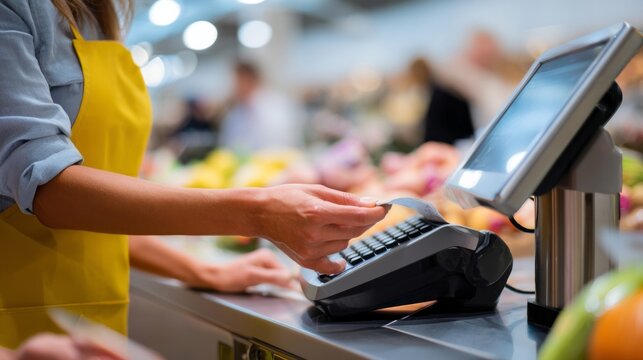 Cashier in a yellow apron processing a payment with a credit card terminal and handing over a printed receipt at checkout