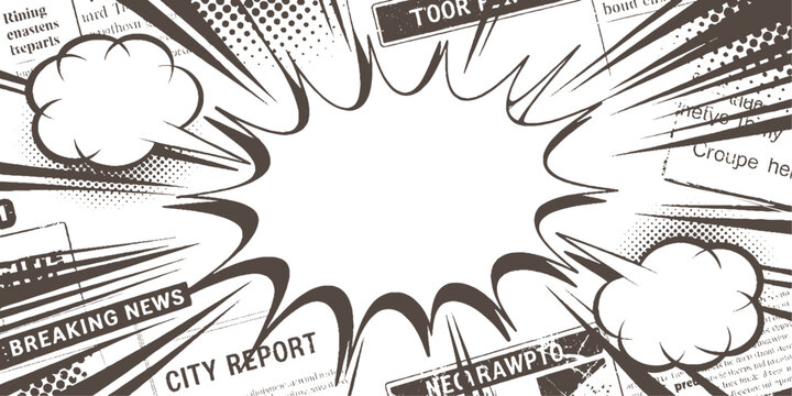 Comic book style explosion with newspaper headlines and speech bubbles