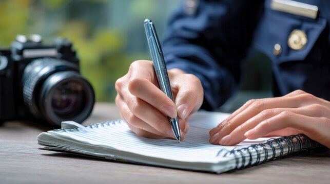 Journalist or reporter hands taking notes in a spiral notebook, preparing to document information for a news report or investigation