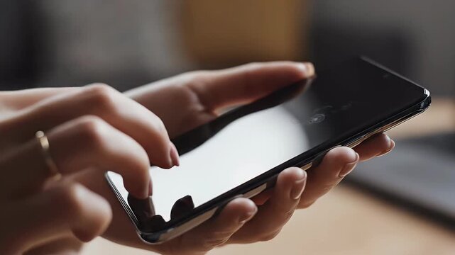 A close-up shot depicts a person's hands holding and interacting with a modern smartphone, showcasing the device's sleek design and user interface.