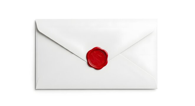 White paper envelope sealed with traditional red wax stamp on white