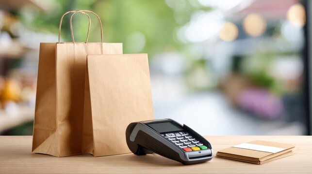 Kraft paper shopping bags, card reader terminal, and stacked receipts on a light wooden countertop against a blurred background