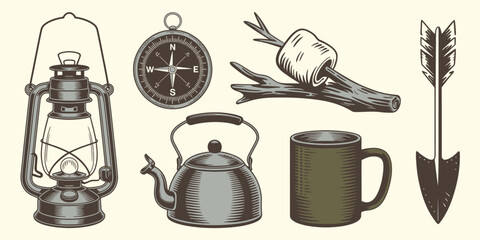 Camping Gear Collection for Outdoor Adventure and Fun, Travel Equipment Set with Tent, Backpack, Campfire, Lantern and Hiking Tools for Nature Exploration Vector Design © RPO YEN