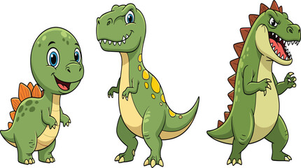 Cute Cartoon Green Dinosaurs – Baby Stegosaurus, T-Rex and Fierce Dino Character Clipart Set for Kids © Manna