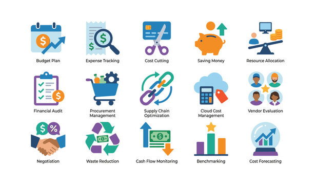 Finance and cost management icons displayed on white background