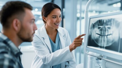 Fototapeta premium Dentist explaining panoramic dental x ray to male patient during a consultation, focusing on oral health and precision diagnosis