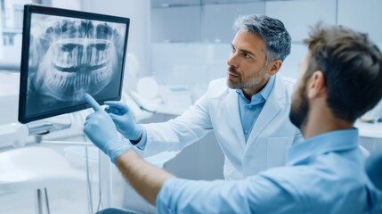 Obraz premium Dentist and patient reviewing panoramic dental x ray on screen in modern clinic, discussing oral health and treatment plan