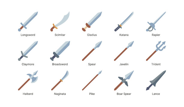 Medieval and ancient weapons icons in grid on white