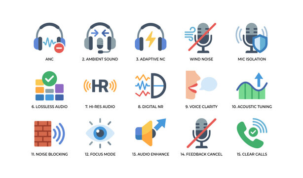 Audio icons showing noise control and tuning on white