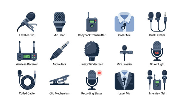 Microphone and lavalier equipment icons in grid layout