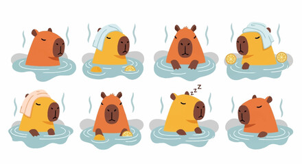 Fototapeta premium Cartoon capybaras in water.