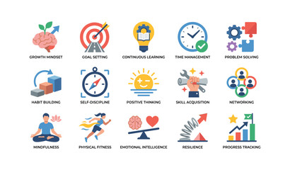 Fototapeta premium Personal development icons representing skills habits and wellbeing
