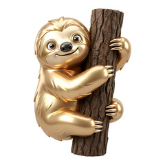 Obraz premium Cute golden metallic sloth hugging a tree trunk, glossy 3D animal character, jungle wildlife, fun and relaxation theme