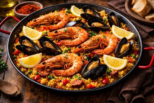 Seafood paella with shrimp and mussels in pan
