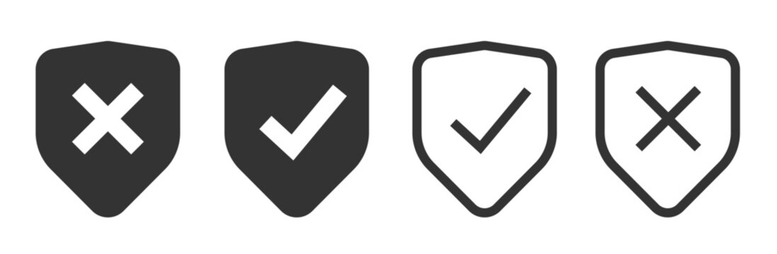 Security protection shield icon line stroke outline graphic set, solid bold safety trust insurance indicator level status, good checkmark bad cross sign symbol, privacy defense ui interface element
