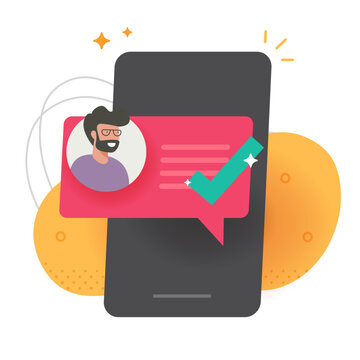 Notification approved confirmed chat message with user avatar icon vector graphic modern illustration, smartphone mobile phone account verification checkmark online electronic alert clip art  
