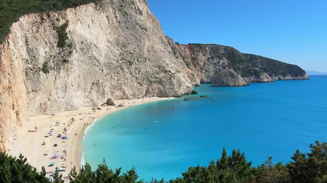 View from the hill on the beautiful, famous Greek beach Porto Katsiki on the island of Lefkada