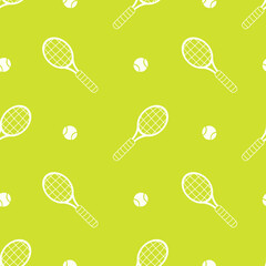 Obraz premium Tennis Racket Ball Seamless Pattern. Sport Game Minimal Background with doodle sparse Equipment symbols and green yellow color. Repeat vector illustration