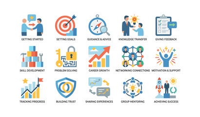 Fototapeta premium Coaching and mentoring icons arranged in a grid on white background