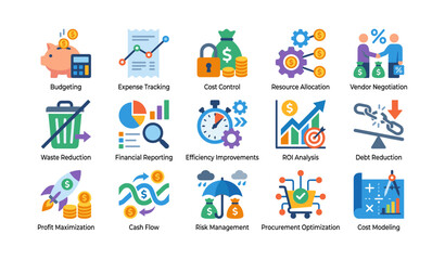Fototapeta premium Finance and cost icons arranged in a grid on white background