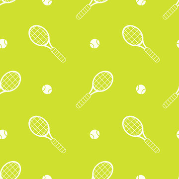 Tennis Racket Ball Seamless Pattern. Sport Game Minimal Background with doodle sparse Equipment symbols and green yellow color. Repeat vector illustration