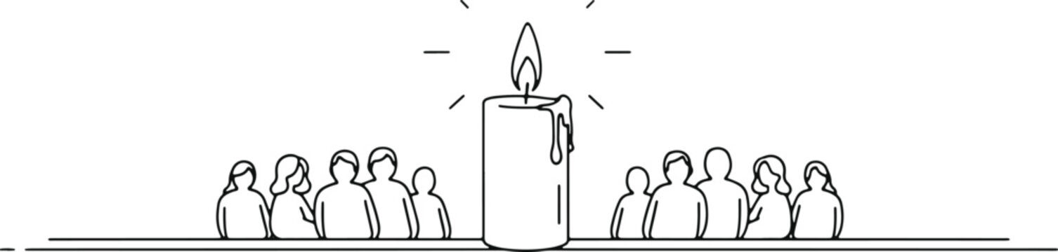 Candle burning brightly, surrounded by a crowd of people, symbol of unity, hope, remembrance and togetherness.