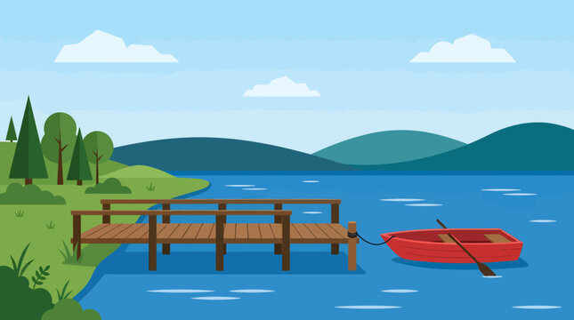 A serene lake scene with a dock and red kayak on calm water near a green shoreline