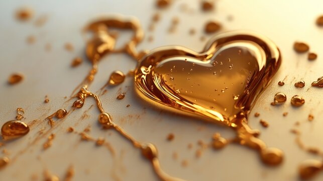 Golden heart shape formed by liquid drips