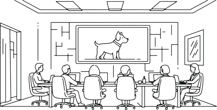 Team in meeting room watching dog presentation on screen business people collaborating with technology and teamwork concept.