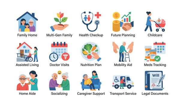 Senior care icons showing services and support on white background