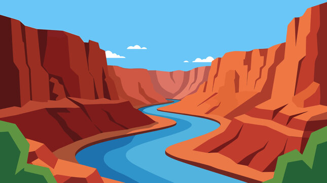 A serene canyon landscape features a winding river flowing through red rock formations under a clear blue sky with sparse clouds.