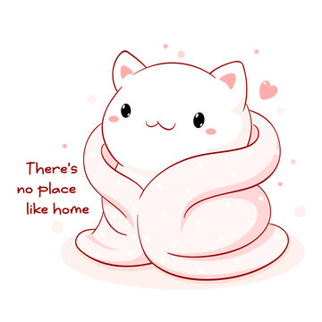 Cute season card with kitty wrapped in a blanket. Inscription There&rsquo;s no place like home. Can be used for t-shirt print, sticker, badge, greeting card design. Vector illustration EPS8