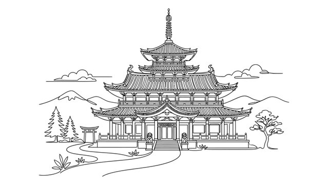 A serene Buddhist temple pagoda landscape.